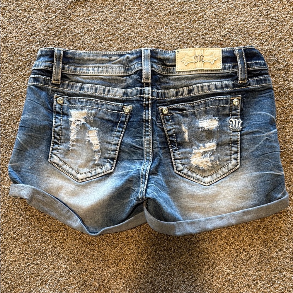 Miss Me Blue Jean Shorts with Distressed Hem and Whiskering